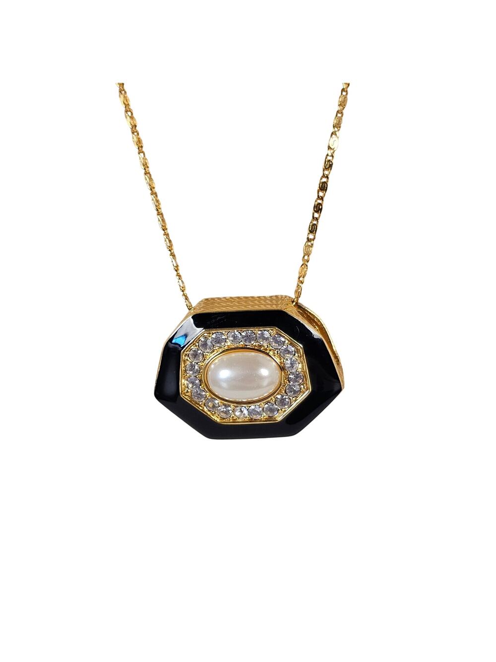 Trafari Vintage Gold Tone Black Enamel Faux Pearl Rhinestone Necklace 24”